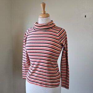 Vintage 70s Designers Originals Orange Navy Metallic Striped Knit Turtleneck Top
